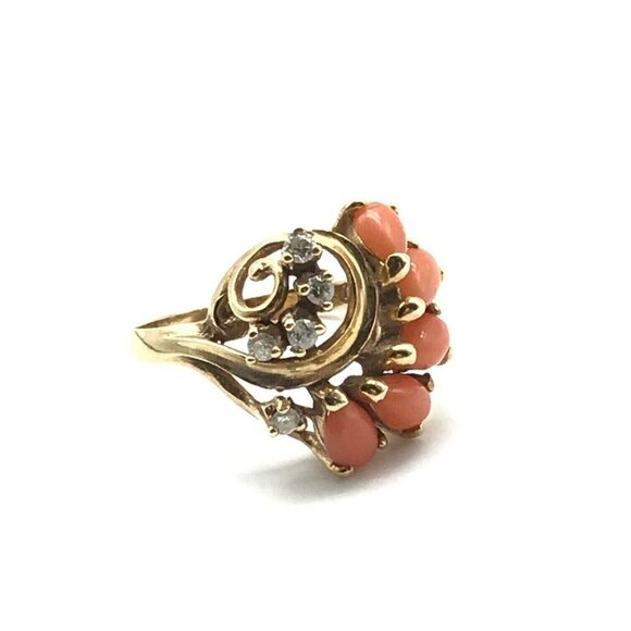 14k Solid Yellow Gold Vintage Pink Angel Skin Salmon Coral Diamond Ring Size 7 - Picture 1 of 8